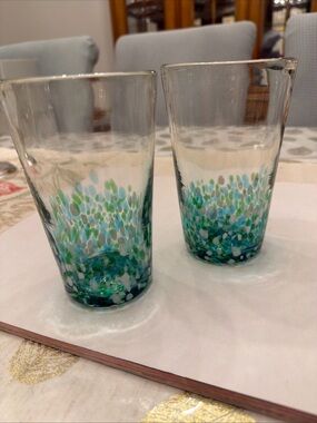Handblown Glass Tumbler Pair in Seafoam Speckle made in Mexico